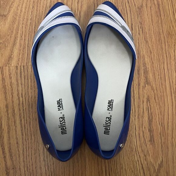 Melissa x Karl lagerfeld blue zipper rubber pointed toe flats size US 6 - Picture 4 of 7